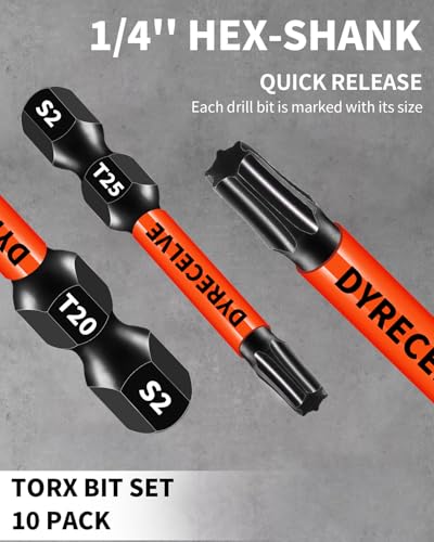 DYRECELVE Impact Torx Bit Set T15 T20 T25 T30 T40, 10-Pack 2 Inch S2 Steel Magnetic Power Bits for Impact Driver, 1/4 Inch Hex Shank Heavy Duty Magnetic Grip (Anti-Slip) - size: 10 Pcs T15-T40 Torx Bits