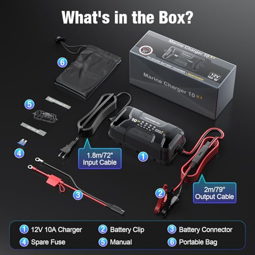 Marine Battery Charger 10X1: 1-Bank, 10A Onboard Charger - 10A Per Bank, 12V Waterproof Boat Battery Charger for SLA/AGM, Lithium, Calcium - Charged 24/7 - size: 1 Bank(10A)