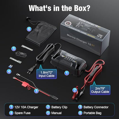 Marine Battery Charger 10X1: 1-Bank, 10A Onboard Charger - 10A Per Bank, 12V Waterproof Boat Battery Charger for SLA/AGM, Lithium, Calcium - Charged 24/7 - size: 1 Bank(10A)