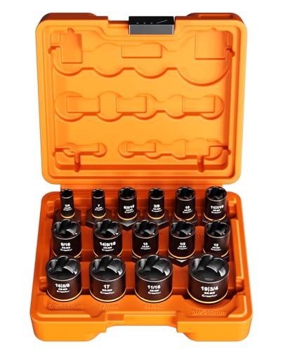 Crosstar 15 PCS Impact Bolt Extractor Set, 3/8" Drive SAE/Metric Cr-Mo Sockets (1/4"-3/4") for Stripped, Rusted, Frozen & Rounded-Off Bolts, Nuts, Screws & Studs - size: 15Pcs Set