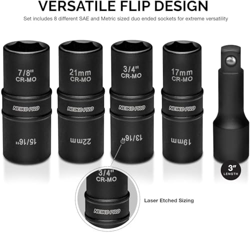 NEIKO 02282B 1/2-Inch-Drive Impact Socket Set, Flip Socket Set, Chrome Moly Steel, Includes 3-Inch Bar Extension, 8 Deep SAE and Metric Sizes, 5 Pieces - size: 5 Piece, style: Flip Socket