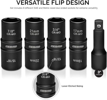 NEIKO 02282B 1/2-Inch-Drive Impact Socket Set, Flip Socket Set, Chrome Moly Steel, Includes 3-Inch Bar Extension, 8 Deep SAE and Metric Sizes, 5 Pieces - size: 5 Piece, style: Flip Socket
