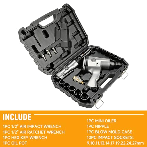 Hoteche 17-Piece Air Tool Kit, 1/2" Air Impact Wrench & Air Ratchet Wrench Combo Set, Pneumatic Tool Kit with Carrying Case and Impact Socket Set (9-27mm) for Automotive Repair & Maintenance