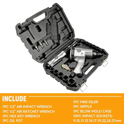 Hoteche 17-Piece Air Tool Kit, 1/2" Air Impact Wrench & Air Ratchet Wrench Combo Set, Pneumatic Tool Kit with Carrying Case and Impact Socket Set (9-27mm) for Automotive Repair & Maintenance