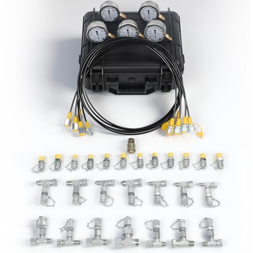 Hydraulic Pressure Test Kit with 5 Gauges up to 10000 PSI 10–600 Bar, 13 Couplings 14 Tee Connectors and 5 Hoses, Hydraulic Tester for Excavators Loaders and Construction Equipment