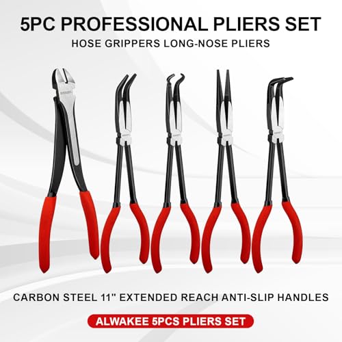 5PC 11" Long Reach Needle Nose Pliers Set | 5-piece 11" long reach needle nose pliers set with bent nose & hose gripper. 58HRC carbon steel for tight engine bays.