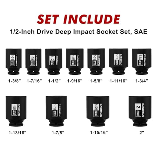 CASOMAN 11PCS 1/2-Inch Drive Large Impact Socket Set, 6 Point, 1-3/8-Inch to 2-Inch, SAE Spindle Axle Nut Impact Socket Set, CR-MO - size: 1/2" Dr. 11pcs (1-3/8" - 2")