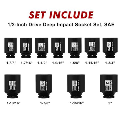 CASOMAN 11PCS 1/2-Inch Drive Large Impact Socket Set, 6 Point, 1-3/8-Inch to 2-Inch, SAE Spindle Axle Nut Impact Socket Set, CR-MO - size: 1/2" Dr. 11pcs (1-3/8" - 2")
