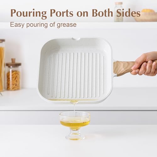 SENSARTE Nonstick Ceramic Grill Pan with Lid, Versatile Square Grilling Pan with Pour Spouts, Durable Grill Skillet for All Stoves(Gas,Electric,Induction) Non Toxic-PTFE,PFAS,PFOA Free, 9.5 Inch - color: White Ceramic, size: 9.5 Inch+Lid