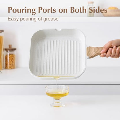 SENSARTE Nonstick Ceramic Grill Pan with Lid, Versatile Square Grilling Pan with Pour Spouts, Durable Grill Skillet for All Stoves(Gas,Electric,Induction) Non Toxic-PTFE,PFAS,PFOA Free, 9.5 Inch - color: White Ceramic, size: 9.5 Inch+Lid