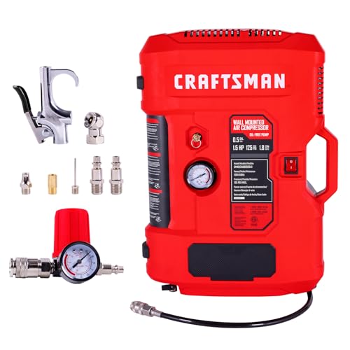 CRAFTSMAN Wall Mount Air Compressor With 8 PCS Accessory Kit, Tire Inflator Portable & Quiet Air Compressor with Retractable 30ft Air Hose, Mini Tank 125 PSI MAX Pressure & 1.5 HP for Garage and Home - size: With Accessories
