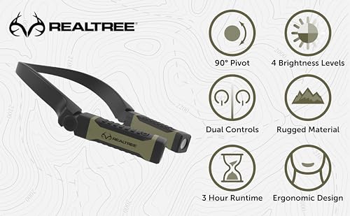 Realtree Alkaline Neck Light for Hands-Free Lighting with high and Low Brightness Modes Great for Camping Light, Hunting Light, Working Light and More, Green