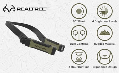 Realtree Alkaline Neck Light for Hands-Free Lighting with high and Low Brightness Modes Great for Camping Light, Hunting Light, Working Light and More, Green