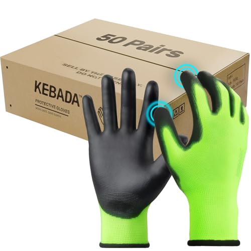 Kebada W1 Work Gloves for Men and Women, Touchscreen PU Coated Gloves with Grip, 50 Pairs Bulk Pack, Ideal for Warehouse Package Handling, Construction, Gardening, Green Small - color: 50-pairs Green, size: Small
