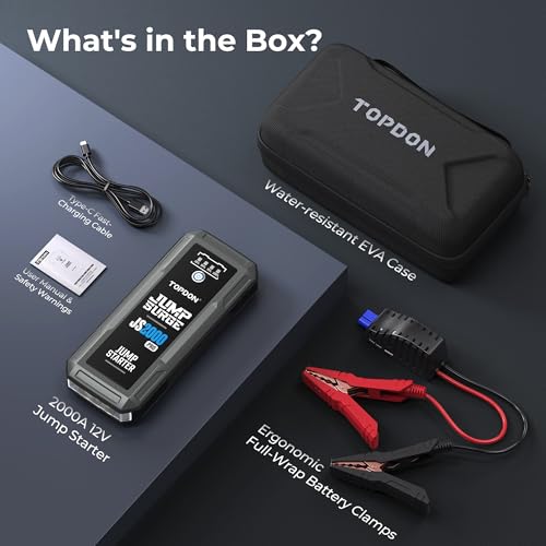 Car Battery Jump Starter, TOPDON 2000A Peak Jump Starter for Up to 8L Gas/6L Diesel Engines, 12V Portable Battery Booster Jump Starter Pack with Jumper Cables and EVA Protection Case - size: 2000A