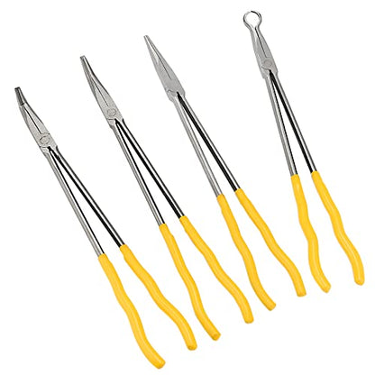 MANCHAP 4 Pieces 16 Inch Extra Long Needle Reach Pliers, Long Needle Nose Pliers Set with Straight, 45 Degree, 90 Degree Angle and Circle Pliers for Tight Space