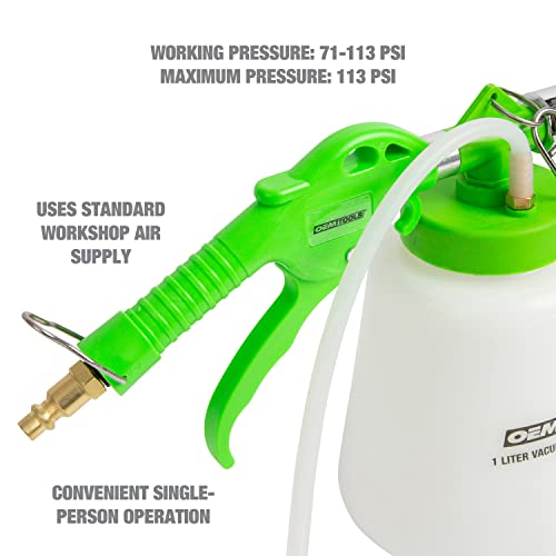 OEMTOOLS 22505 1L Pneumatic Brake Bleeder Kit with Refill Bottle, Single-Person Brake Fluid Bleeder Kit, Use for Disc and Drum Brakes, Universal Rubber Fitting, Uses Standard Workshop Air Supply - style: 1 liter