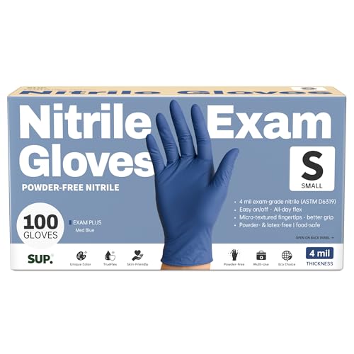 SUP Powder-Free Nitrile Exam Gloves, Food Safe Latex-Free Medical Non-Sterile Cooking Disposable Glove, Blue 100/1000 Count - color: 100 Small (Med Blue)