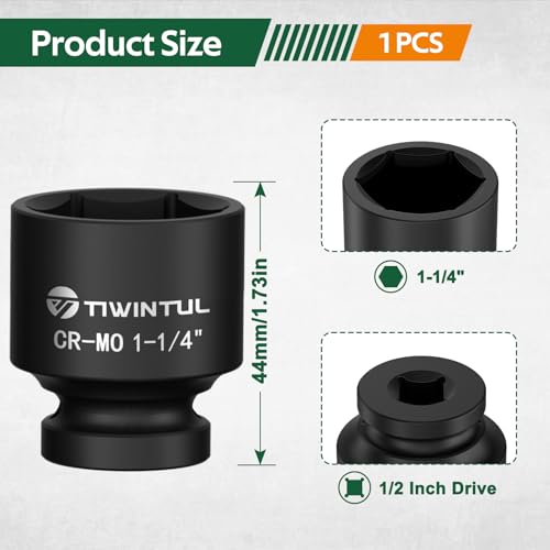 1-1/4" Shallow Impact Socket 1/2" Drive for Trucks and Trailers | 6 Point Design Impact Socket, Heat-Treated CR-MO Steel, SAE Size, Axle Nut Socket for Easy Removal of Axle Shaft Nuts - size: 1-1/4" (Standard)