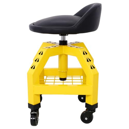 Heavy Duty Rolling Mechanics Stool for Garage with Casters 360° Swivel Shop Seat with Tool Tray Storage 300 LBS Capacity Yellow
