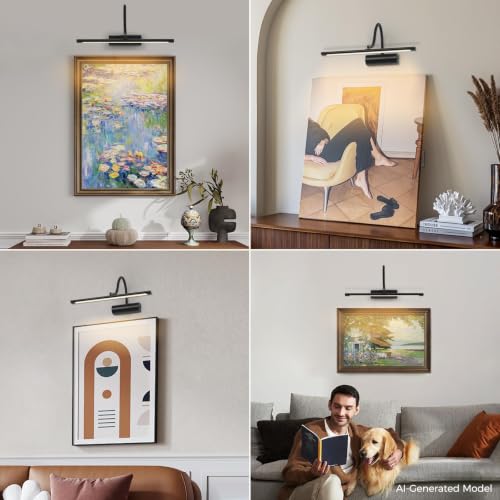 JOOSENLUX 16" Dimmable Picture Light, LED, Battery Operated, Wireless, Adjustable Arm, Remote Controlled, Rechargeable, Wall-Mounted, Modern & Stylish - Ideal for Gallery, Library, and Photo Display - color: Black, size: Model A