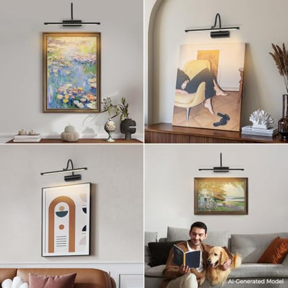 JOOSENLUX 16" Dimmable Picture Light, LED, Battery Operated, Wireless, Adjustable Arm, Remote Controlled, Rechargeable, Wall-Mounted, Modern & Stylish - Ideal for Gallery, Library, and Photo Display - color: Black, size: Model A