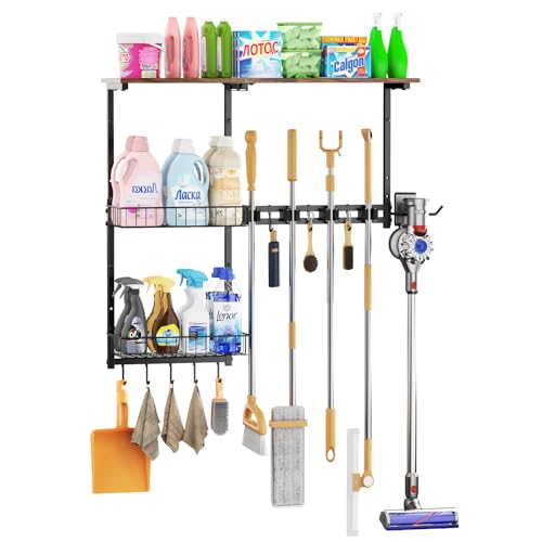 Broom Holder Wall Mount，Mop Rack With Storage Basket,Diversity Laundry Room Cleaning Tool Storage container，Suitable Family Garage Kitchen Organization Wall-Mounted Rack (Black, Medium)