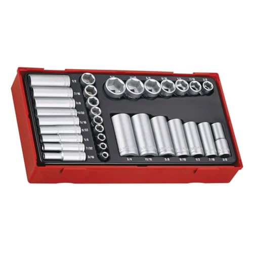 Teng Tools 32 Piece 1/4 Inch & 3/8 Inch Drive SAE 6 Point Regular/Shallow & Deep Socket Set - TTAF32, Silver