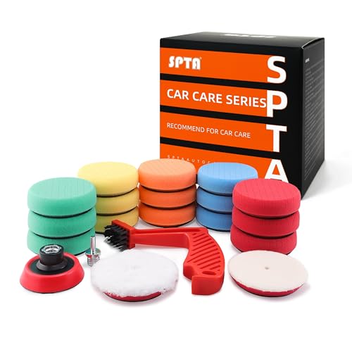 SPTA Drill Polishing Pads Kit, 20pcs 3inch (80mm) Car Foam Polishing Buffing Pads, Wool Pads, Multifunctional Cleaning Brush, Backing Plate for Car Polisher Polishing,Buffing and Cutting