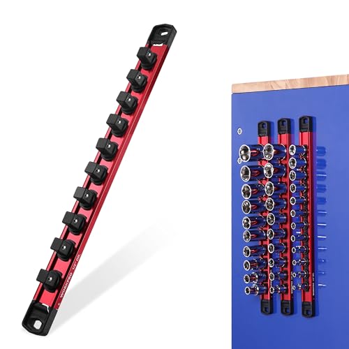 WORKPRO Magnetic Socket Organizer, 1/2" Adjustable Push-Button Socket Rail | Modular Socket Holder, Aluminum Alloy, 10 Pieces Clips, Customizable, Rotatable and Movable Clips, Quick Access, Quick Access - color: Red, size: 1/2" DR