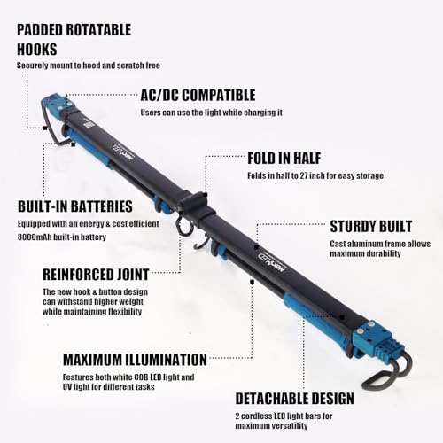 NextLED NT-2220LF-UV LED Underhood Work Light, 2000 Lumen, 8000mAh Rechargeable Battery, UV Light, Detachable Mechanic Under Hood Light Bar, 2 Lights in 1, 51 to 81 Inch, Auto Mechanic/Car Detailing
