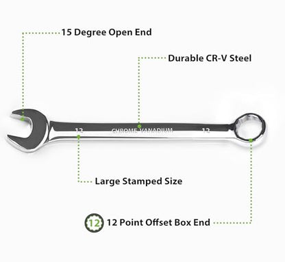 12mm Combination Wrench, Industrial Grade Metric Combination Spanner, CR-V with Mirror Polish, 12-Point Box End, 15-Degree Offset Box End - size: 12mm