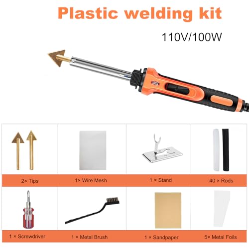 Plastic Welding Kit, 110V/100W Plastic Welder, for DIY, Car Bumper, Dashboard, Kayak, Canoe Repair Tool-With 40 Rods,1 Wire Mesh,5 Metal Foils,1 Sandpaper,1 Stand,1 Metal Brush,1 Screwdriver,2 tips