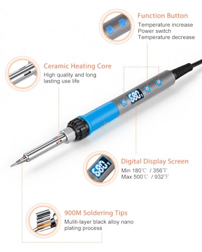 Soldering Iron Kit, 100W High Power LCD Digital Solder Iron Pen, Fast Heating Soldering Tool with Magnifying Glass and Helping Hands, Iron Tips, Solder Wire, Tweezer, Automatic Sleep Mode - color: Blue