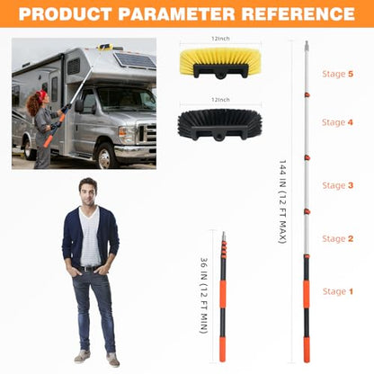 12FT Car Wash Brush with Long Handle Telescoping Extension Pole Angle Adapter with 12" Soft and Hard Bristle Scratch-Free for Cleaning Car Truck RV House Floor Window Roof Solar Panels - size: 12 FT