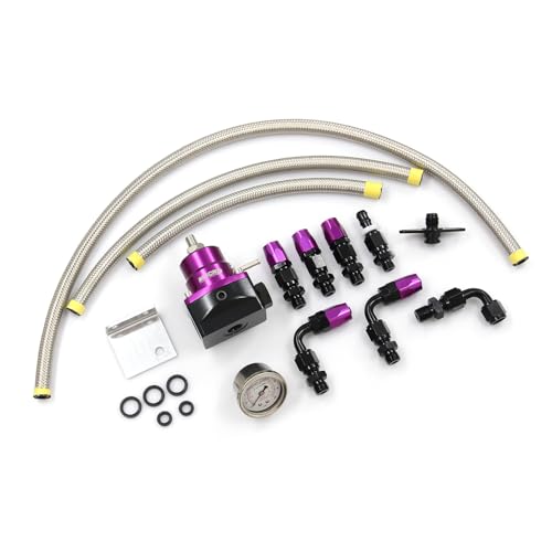 Adjustable Universal EFI Fuel Pressure Regulator Kit with 0-160psi Fuel Pressure Gauge and AN6-6AN Fuel Line Hose Fitting Connectors Kit (PURPLE) - color: PURPLE