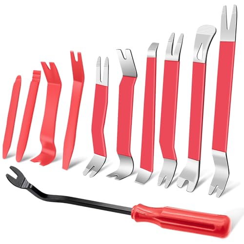 11 PCS AutoTrim Removal Tool Kit, Metal Pry Tool Auto Fastener Remover Pry Bar Set Trim Remover Kits for Vehicle Door Panel, Audio Radio Panel, Dashboard Repair Kit RED - color: Red, size: 11 PCS
