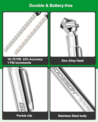 GODESON Tire Tread Depth Gauge & Pencil Tire Pressure Gauge 10-75 PSI, Calibrated to ANSI B40.1 Grade B(±2%), Color-Coded Tread Indicator, 4 Valve Caps & Storage Case, Tire Safety Kit for Cars, SUVs