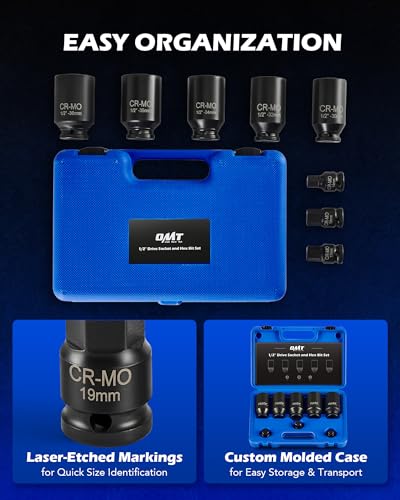 Orion Motor Tech 8pc 1/2" Drive Axle Nut Socket Set, Metric 12 Point CR-MO Axle Nut Impact Socket Set, Extra-Deep Spindle Axle Nut Sockets with Storage Case, 14mm 17mm 19mm, 30mm 32mm 34mm 35mm 36mm