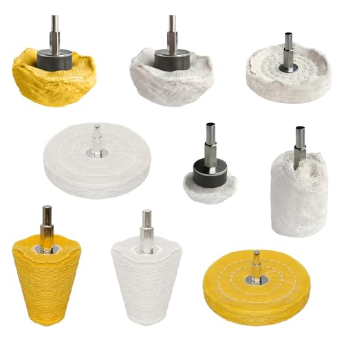 9PCS Buffing Wheels for Drill, Polishing Wheel Set with Yellow & White Pads, Cotton Buffing Kit for Metal Stainless Steel Aluminum Chrome Jewelry Wood Plastic Polishing, Rust Removal Tool - color: 9PCS-Yellow & White