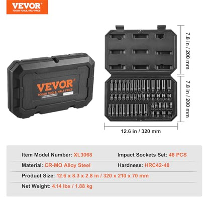 VEVOR Drive Impact Socket Set 1/4" - 48 Piece Deep & Shallow Socket Set SAE 3/16"-9/16" and Metric 4-15mm - 6 Point Cr-Mo Alloy Steel for Auto Repair - Easy-to-Read Size Markings Storage Case - style: 1/4" 48PCS CR-MO
