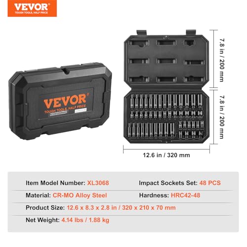 VEVOR Drive Impact Socket Set 1/4" - 48 Piece Deep & Shallow Socket Set SAE 3/16"-9/16" and Metric 4-15mm - 6 Point Cr-Mo Alloy Steel for Auto Repair - Easy-to-Read Size Markings Storage Case - style: 1/4" 48PCS CR-MO