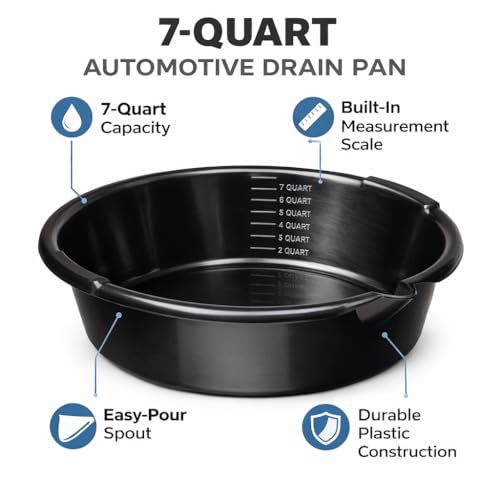 7-Quart Automotive Oil Drain Pan with Built-In Scale and Pour Spout, Low Profile Oil Catch Pan for Cars, Trucks, and SUVs, Black