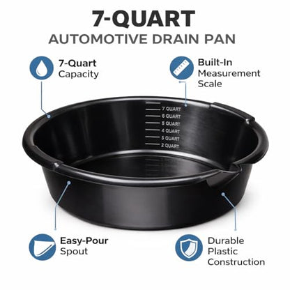 7-Quart Automotive Oil Drain Pan with Built-In Scale and Pour Spout, Low Profile Oil Catch Pan for Cars, Trucks, and SUVs, Black