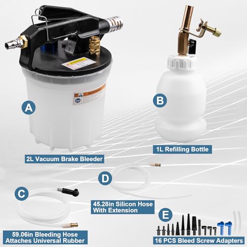 3L Vacuum Brake Bleeder Kit, One Person Pneumatic Brake Fluid Bleeder, Flush Kit with 2L Pneumatic Fluid Extractor and 1L Refilling Bottle, with Pressure Clutch Bleeder Kit 16 Adapters