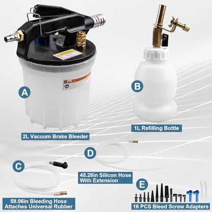 3L Vacuum Brake Bleeder Kit, One Person Pneumatic Brake Fluid Bleeder, Flush Kit with 2L Pneumatic Fluid Extractor and 1L Refilling Bottle, with Pressure Clutch Bleeder Kit 16 Adapters