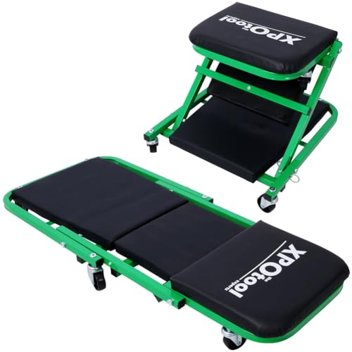 2-in-1 Mechanic Creeper Seat, 36" Folding Garage Creeper & Stool, 300 lbs Capacity, Padded Headrest, 6 Swivel Casters, Heavy Duty Steel Frame,Green - color: Green