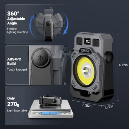 Magnetic Rechargeable Work Light, 5200mAh Mechanic Light Run 5-50H | 2000LM LED mechanic light with power display, 5-50h runtime, stepless dimming 360° rotate flashlight for car repair, camping