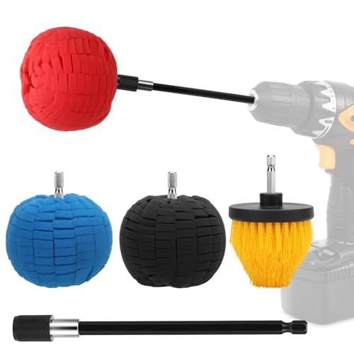 Linkstyle 5PCS Drill Polishing Ball Set, Car Wheel Polisher Sponge Pad Kit with Long Extension Pole & Cleaning Brush, Buffing Ball for 1/4" Hex Drill, Car Rim and Metal Surface Polishing Tool - style: Ball_5PCS