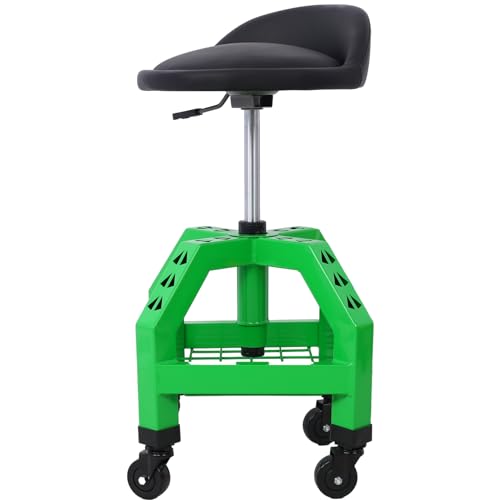 Rolling Shop Stool with Wheels, Garage Rolling Work Stools Swivel Shop Seat, Height Adjustable Auto Mechanic Stool Pneumatic Mechanic Chair with Tool Tray Storage, 300 Lbs Capacity (Green) - color: Green